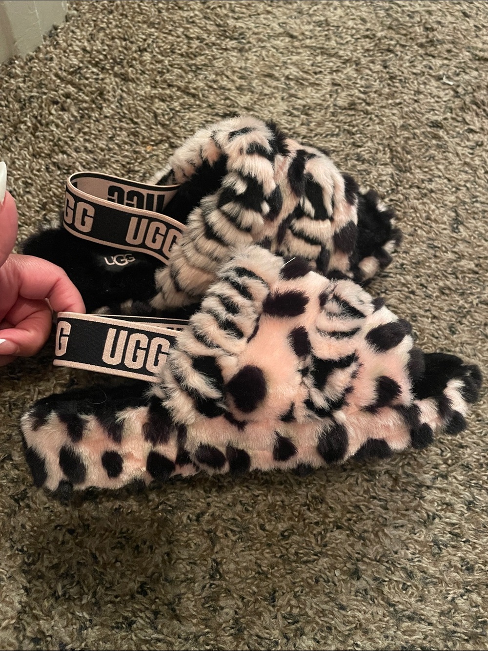 UGG Pink and Black Leopard Print Fluff Slides